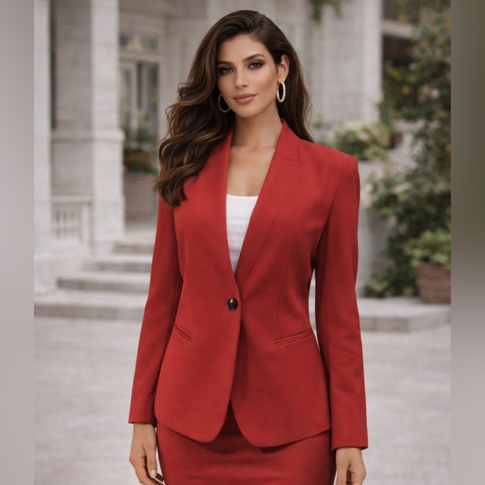 Kasper Suit Jacket Blazer 14 Red Classic 1 Button Stretch Office Career